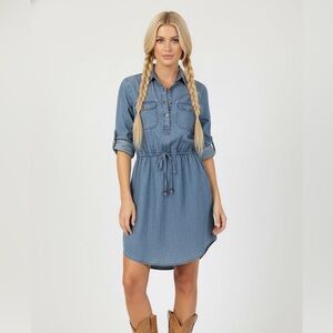 100% Cotton Denim Mini Dress with Drawstring Waist Small